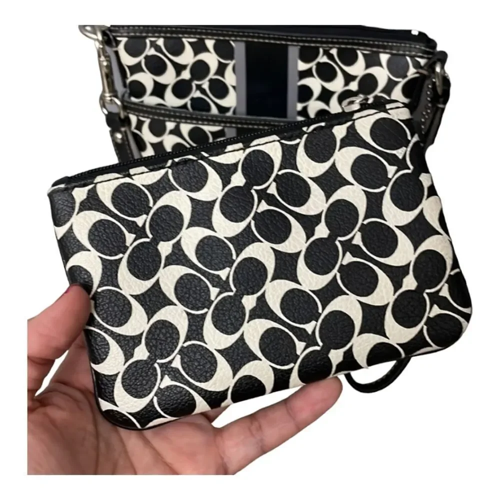 Coach F43893 3 Piece Set Signature Swing Pack Crossbody + Wristlet Black White - Picture 10 of 15